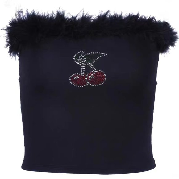 BLACK FLUFFY TUBE TOP WITH CHERRY - Picture 2 of 2